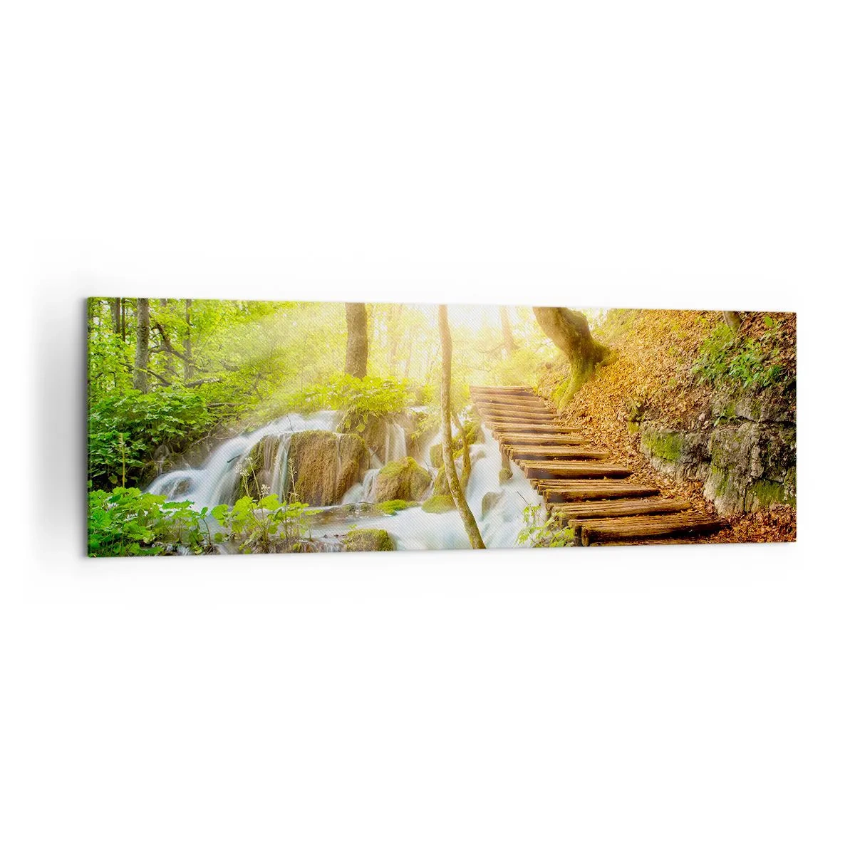 Cuadro sobre lienzo - Impresión de Imagen - Camino forestal con escaleras de madera junto a la cascada. - 160x50cm - El ansiado frescor - Decoración de pared moderna para salón y dormitorio ARTTOR