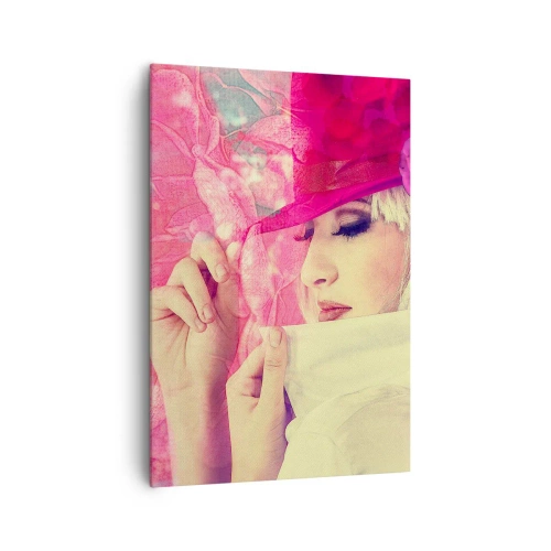 Cuadro sobre lienzo - Impresión de Imagen - Mujer elegante con un sombrero rosa y una flor. - 70x100cm - Retrato retro en rosa - Decoración de pared moderna para salón y dormitorio ARTTOR