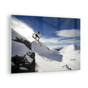 Cuadro sobre vidrio - Impresiones sobre Vidrio - Un snowboarder saltando de un acantilado en las montañas en invierno. - 70x50cm - Libertad sin fronteras - Decoración de pared moderna para salón y dormitorio ARTTOR