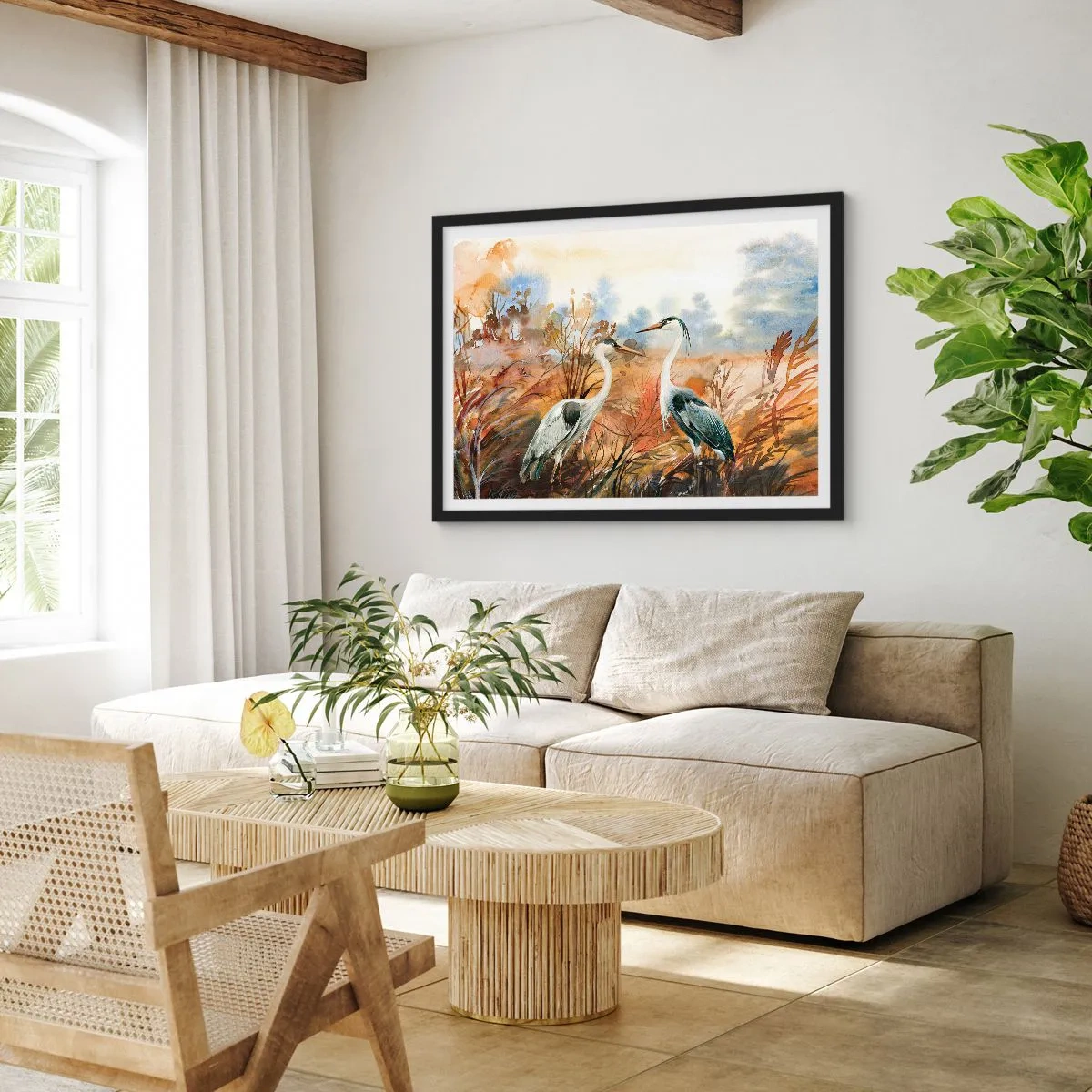 Póster en marco negro - Dos garzas sobre el fondo de un paisaje otoñal. - 70x50cm - ¿A dónde nos dirigimos en otoño? - Decoración de pared moderna para salón y dormitorio ARTTOR