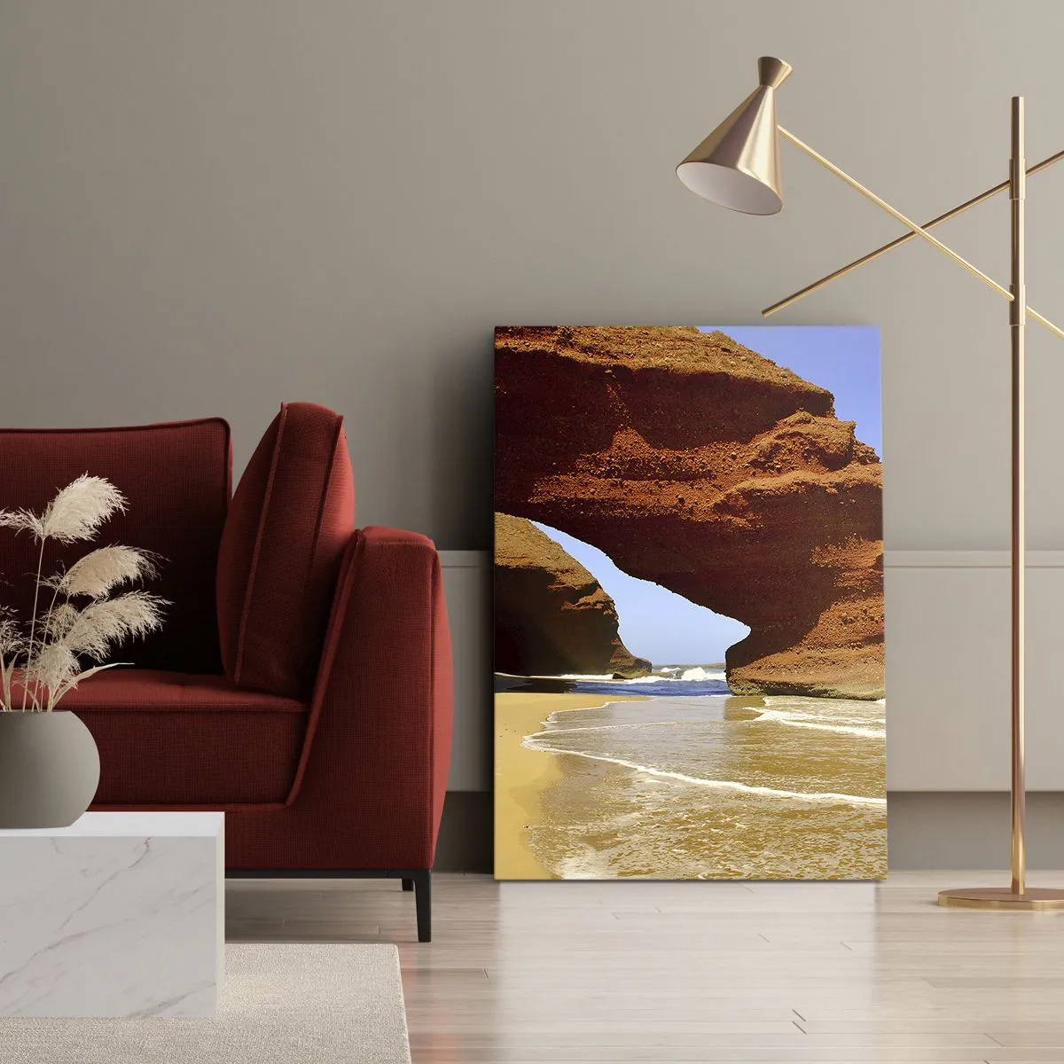 Cuadro sobre lienzo - Impresión de Imagen - Un arco de roca natural en una playa con cielos azules y olas. - 80x120cm - El agua y el viento a través de miles de años - Decoración de pared moderna para salón y dormitorio ARTTOR