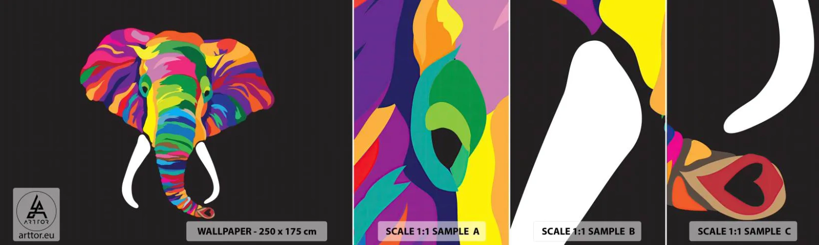 Muestra de fotomural autoadhesivo Deluxe Sticker - El elefante al que le gustaba bañarse en el arco iris - animales, Elefante, Imagen colorida - 100x30 cm