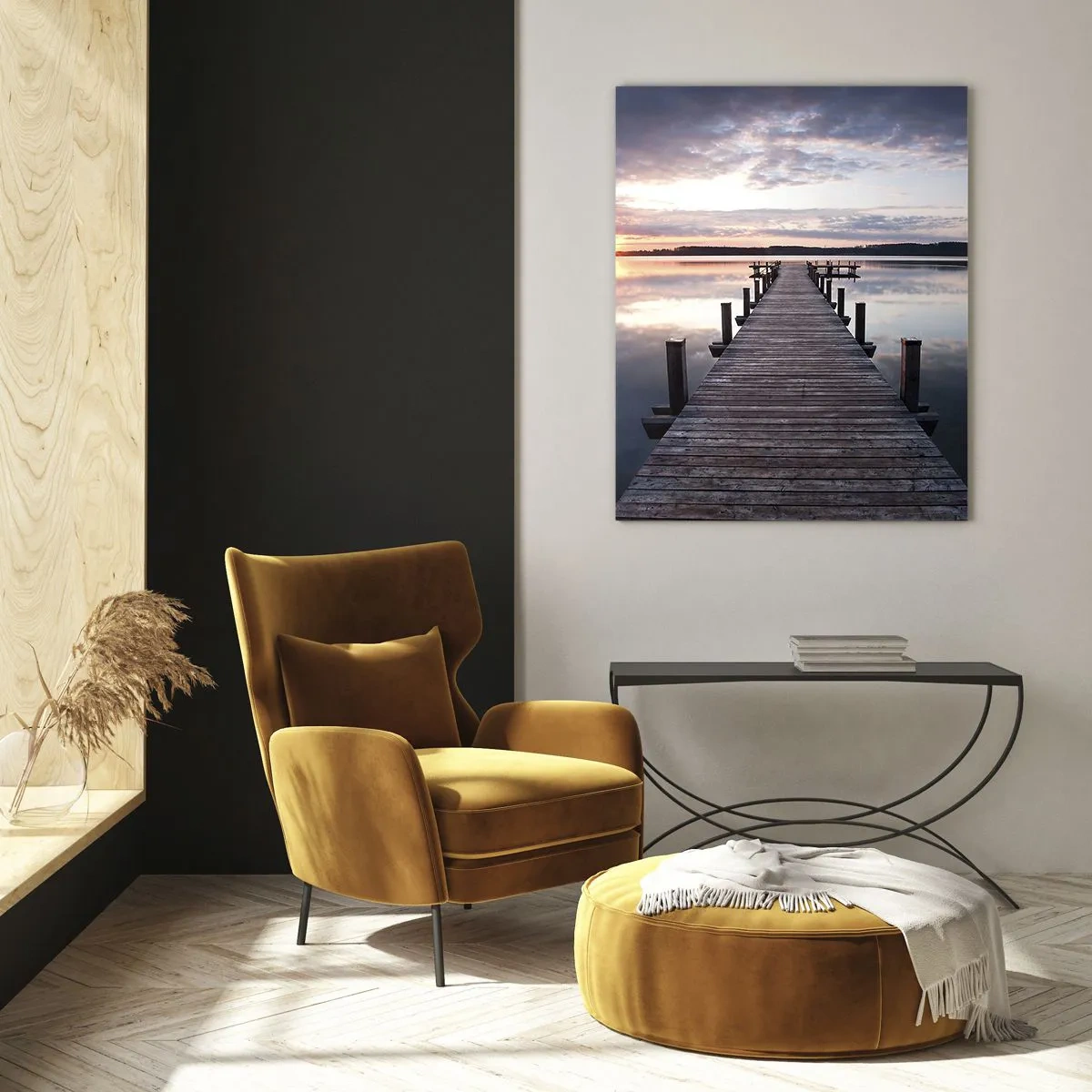Cuadro sobre vidrio - Impresiones sobre Vidrio - Un muelle en un lago al atardecer en un paisaje tranquilo. - 70x100cm - Frontera silenciosa del día y la noche - Decoración de pared moderna para salón y dormitorio ARTTOR
