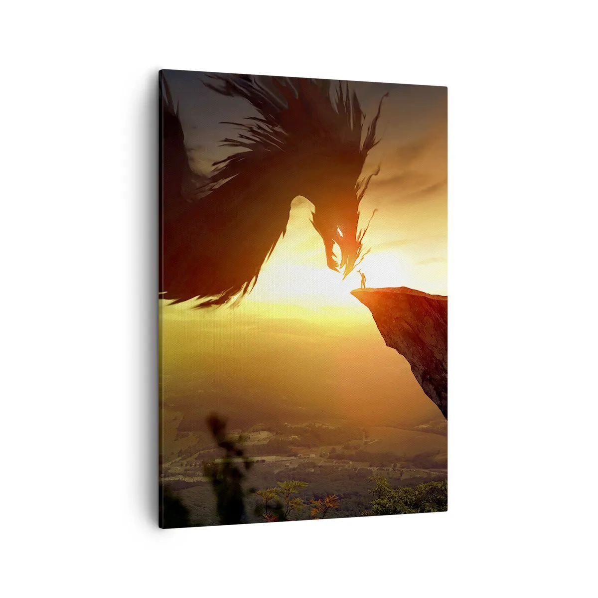 Cuadro sobre lienzo - Impresión de Imagen - Un dragón y un hombre en una roca bajo el resplandor del sol poniente. - 50x70cm - Cazador de dragones - Decoración de pared moderna para salón y dormitorio ARTTOR