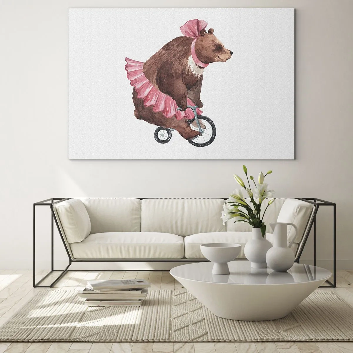 Cuadro sobre vidrio - Impresiones sobre Vidrio - Un oso con una falda rosa en un monociclo. - 100x70cm - ¡Qué circo! - Decoración de pared moderna para salón y dormitorio ARTTOR