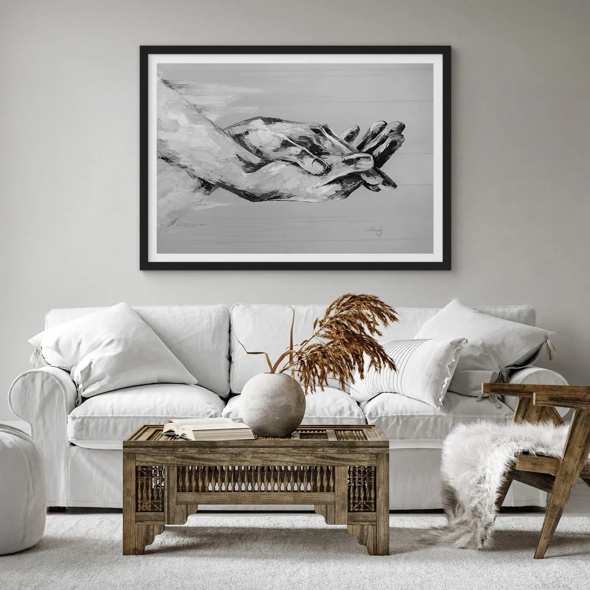 Póster en marco negro - Una composición en blanco y negro de dos manos entrelazadas sobre un fondo claro. - 100x70cm - El comienzo... - Decoración de pared moderna para salón y dormitorio ARTTOR