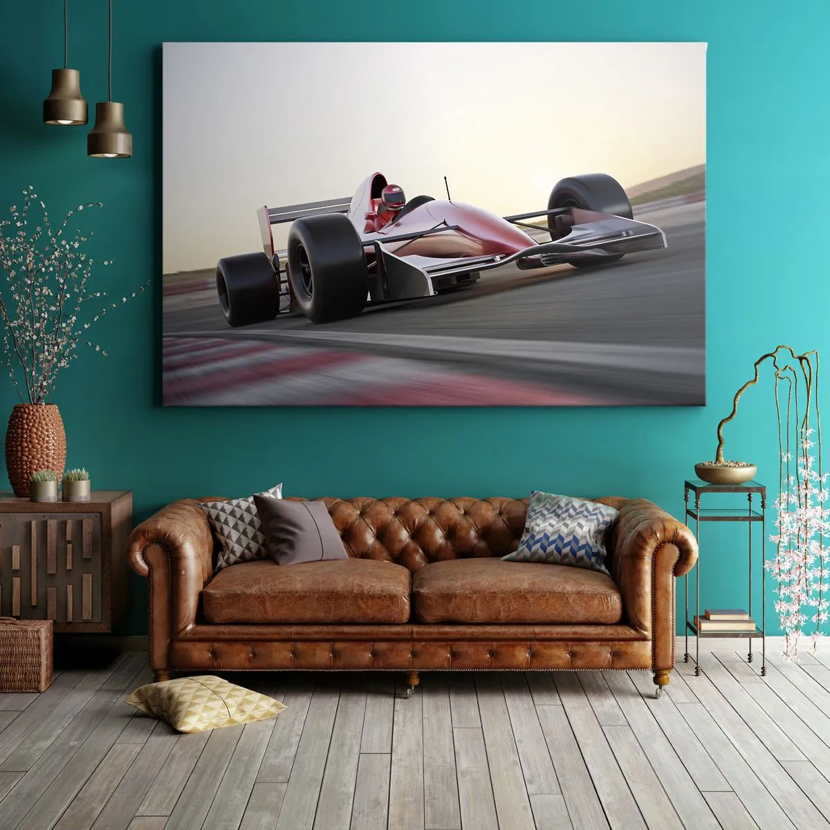Cuadro sobre lienzo - Impresión de Imagen - Un coche rojo de Fórmula 1 en una pista de carreras mientras conduce - 100x70cm - Siempre el ganador - Decoración de pared moderna para salón y dormitorio ARTTOR