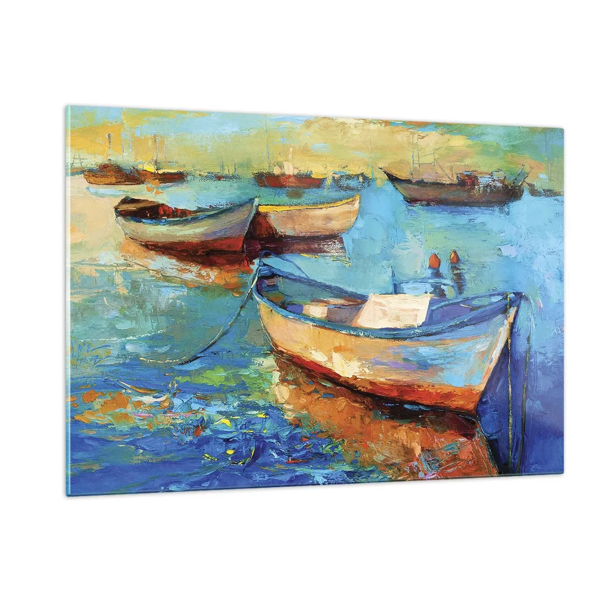 Cuadro sobre vidrio - Impresiones sobre Vidrio - Barcos coloridos sobre un fondo de aguas tranquilas - 120x80cm - En la bahía sur - Decoración de pared moderna para salón y dormitorio ARTTOR