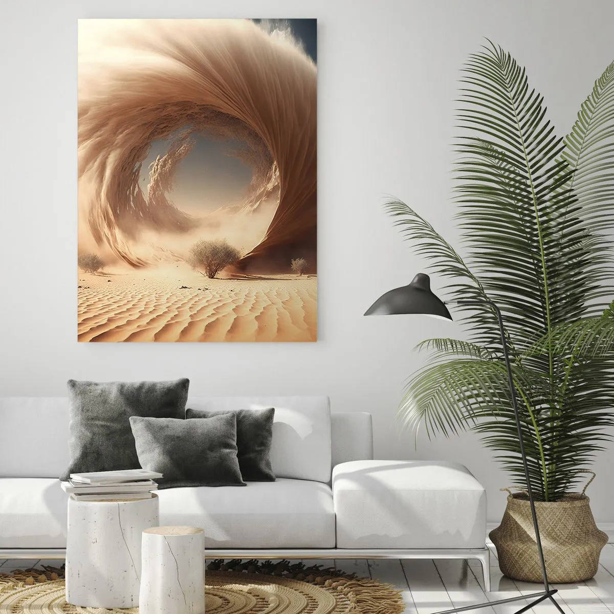 Cuadro sobre vidrio - Impresiones sobre Vidrio - Un vórtice de arena del desierto crea un portal desde el cielo y las dunas. - 50x70cm - Portal abierto - Decoración de pared moderna para salón y dormitorio ARTTOR