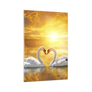 Cuadro sobre vidrio - Impresiones sobre Vidrio - Una escena romántica de dos cisnes formando un corazón con el telón de fondo de una puesta de sol dorada. - 70x100cm - Corazón es la palabra más bella del mundo... - Decoración de pared moderna para salón y