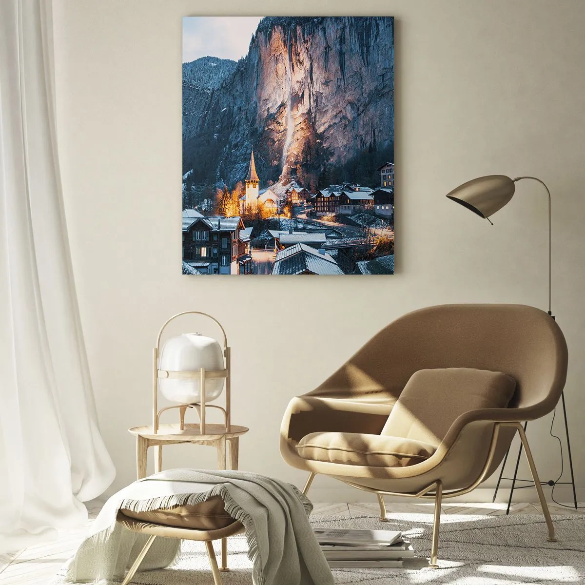 Cuadro sobre vidrio - Impresiones sobre Vidrio - Un pueblo invernal al pie de una pared rocosa iluminada - 50x70cm - El espíritu luminoso del invierno - Decoración de pared moderna para salón y dormitorio ARTTOR
