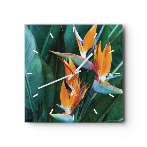 Reloj de pared - Reloj de vidrio - Flores exóticas de strelitzia rodeadas de hojas verdes. - 30x30cm - ¿Es una flor o es un pájaro? - Decoración de pared moderna para salón y dormitorio ARTTOR