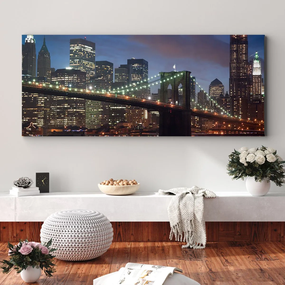 Cuadro sobre lienzo - Impresión de Imagen - Puente de la ciudad de Nueva York de noche con edificios iluminados - 160x50cm - Una noche iluminada - Decoración de pared moderna para salón y dormitorio ARTTOR