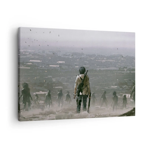 Cuadro sobre lienzo - Impresión de Imagen - Una figura con una pistola se encuentra frente a un grupo en un paisaje distópico. - 70x50cm - Soy leyenda - Decoración de pared moderna para salón y dormitorio ARTTOR