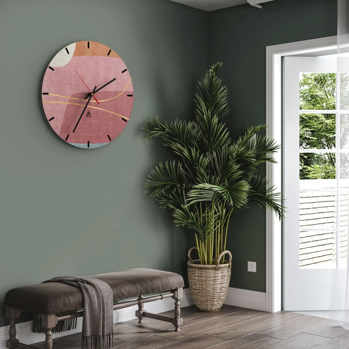 Reloj de pared - Reloj de vidrio - Formas pastel con líneas rosas y doradas en el fondo. - 30x30cm - Composición en pastel con hilos de oro - Decoración de pared moderna para salón, cocina y dormitorio ARTTOR