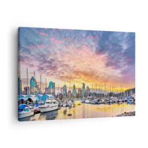 Cuadro sobre lienzo - Impresión de Imagen - Puerto deportivo con yates y paisaje urbano al atardecer - 70x50cm - Una ciudad de mil marineros - Decoración de pared moderna para salón y dormitorio ARTTOR