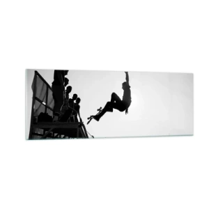 Cuadro sobre vidrio - Impresiones sobre Vidrio - Escena de skate en blanco y negro en una rampa - 140x50cm - Héroes y espectadores - Decoración de pared moderna para salón y dormitorio ARTTOR