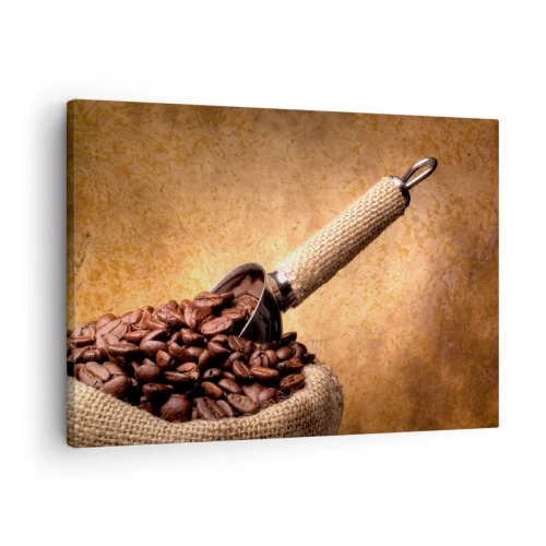 Cuadro sobre lienzo - Impresión de Imagen - Granos de café en una bolsa de yute con una cuchara de metal. - 70x50cm - En la fuente del sabor - Decoración de pared moderna para salón y dormitorio ARTTOR