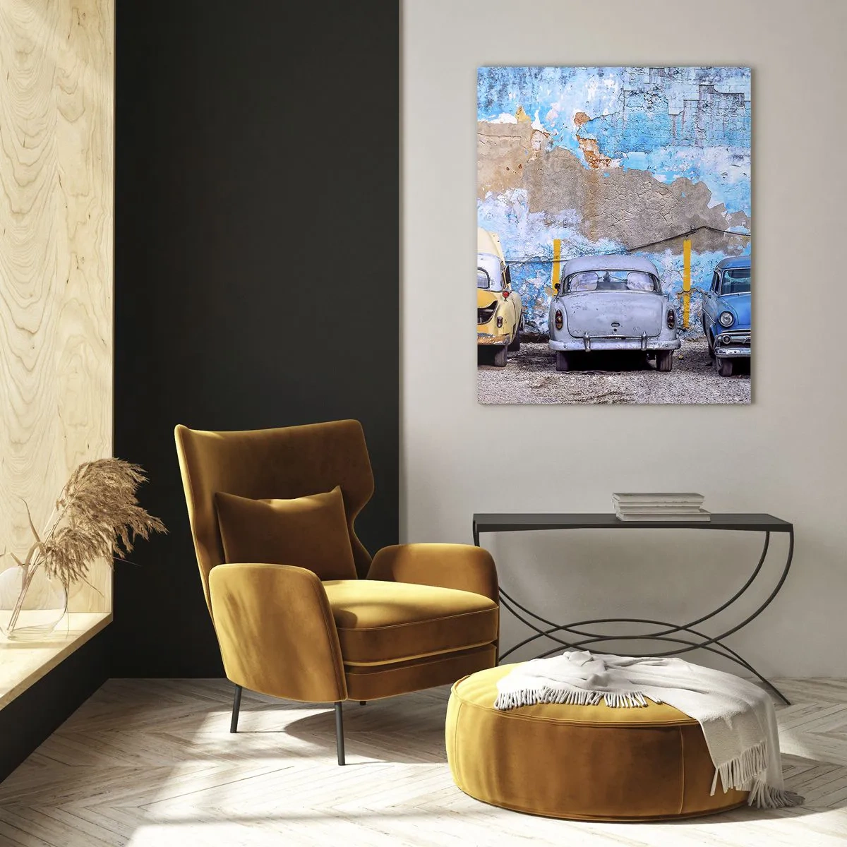 Cuadro sobre vidrio - Impresiones sobre Vidrio - Coches antiguos con un muro destruido como telón de fondo - 80x120cm - Reunión de veteranos - Decoración de pared moderna para salón y dormitorio ARTTOR