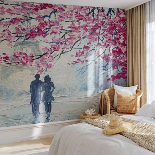 Fotomural Premium Sand - Pareja romántica bajo los cerezos en flor - 100x70cm - Un paseo romántico - Decoración de pared moderna para salón y dormitorio ARTTOR
