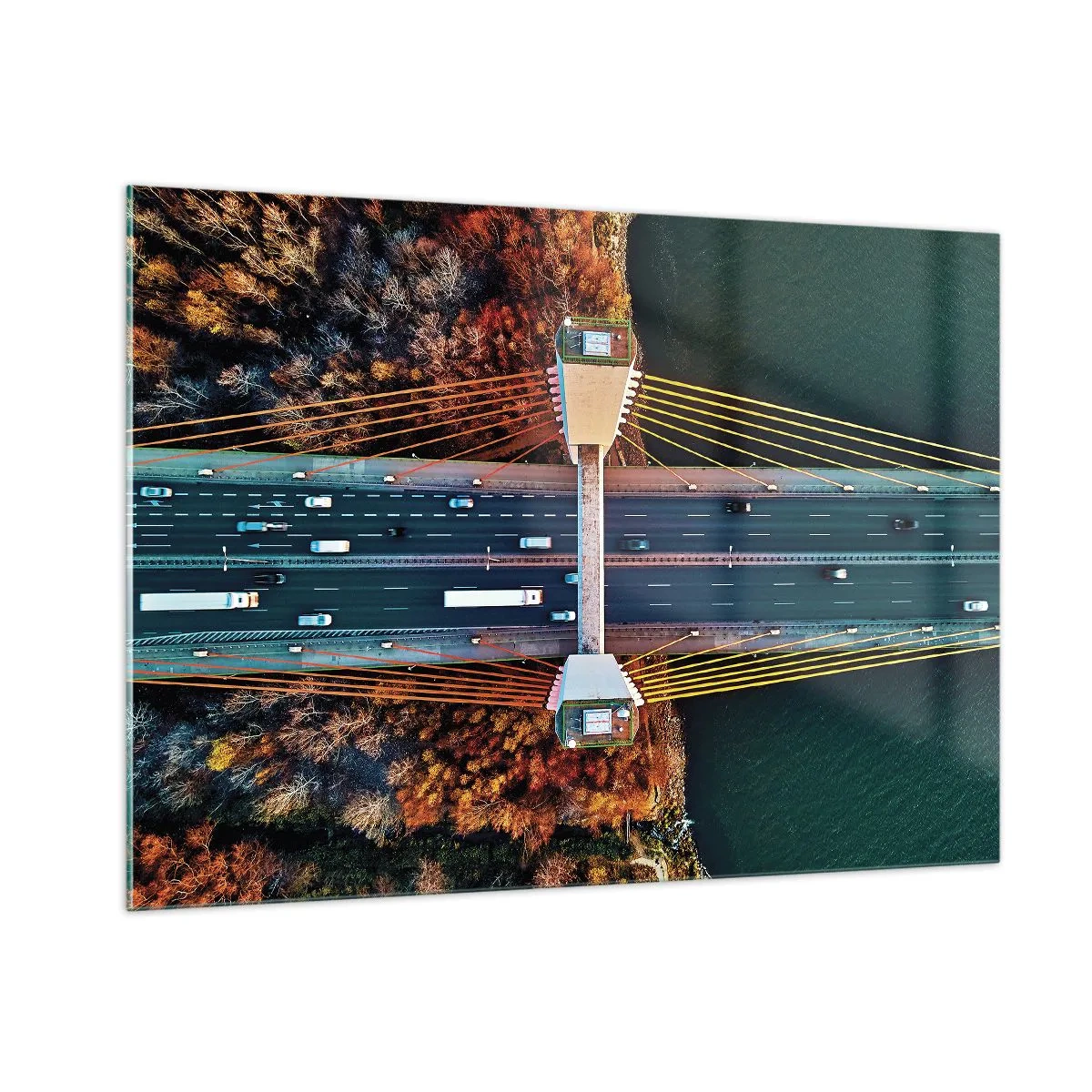 Cuadro sobre vidrio - Impresiones sobre Vidrio - Vista aérea del puente con disposición simétrica de cables y coches. - 100x70cm - Más allá de las aguas, más allá de los bosques - Decoración de pared moderna para salón y dormitorio ARTTOR