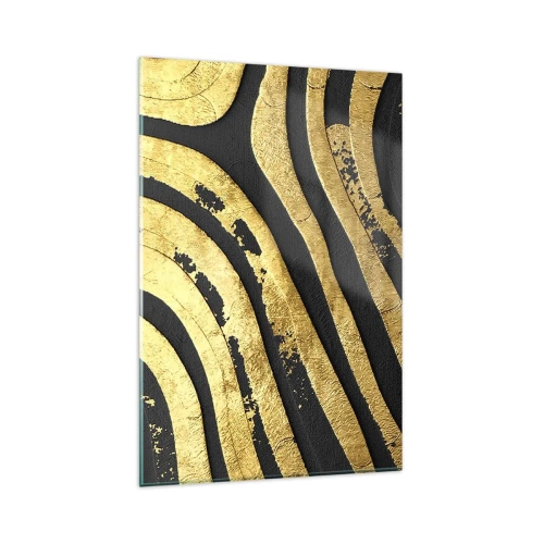 Cuadro sobre vidrio - Impresiones sobre Vidrio - Ondas abstractas doradas sobre un fondo negro - 80x120cm - Todo fluye - Decoración de pared moderna para salón y dormitorio ARTTOR