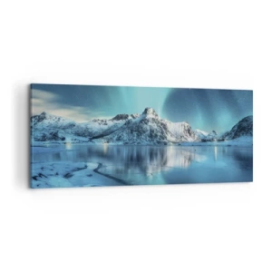 Cuadro sobre lienzo - Impresión de Imagen - Aurora boreal sobre montañas nevadas y un lago - 120x50cm - Una noche de luz - Decoración de pared moderna para salón y dormitorio ARTTOR