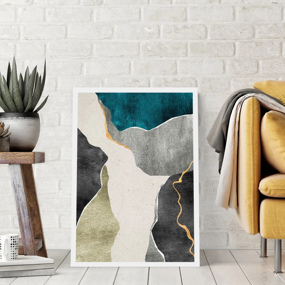 Póster - Composición abstracta con formas geométricas - 50x70cm - Composición en mosaico con una hebra de oro - Decoración de pared moderna para salón y dormitorio ARTTOR