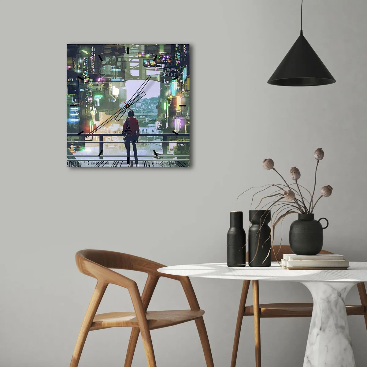 Reloj de pared - Reloj de vidrio - Una figura en una ciudad futurista con luces de neón. - 30x30cm - Dos mundos - Decoración de pared moderna para salón y dormitorio ARTTOR