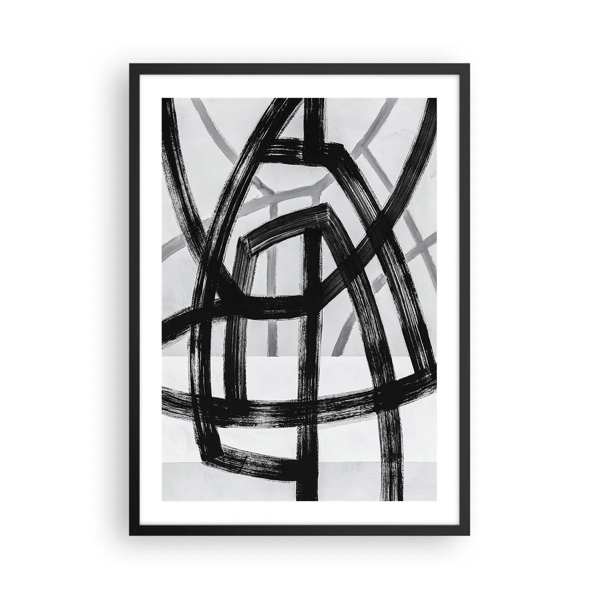 Póster en marco negro - Líneas negras geométricas sobre un fondo claro en una composición abstracta - 50x70cm - Construir profundidad - Decoración de pared moderna para salón y dormitorio ARTTOR