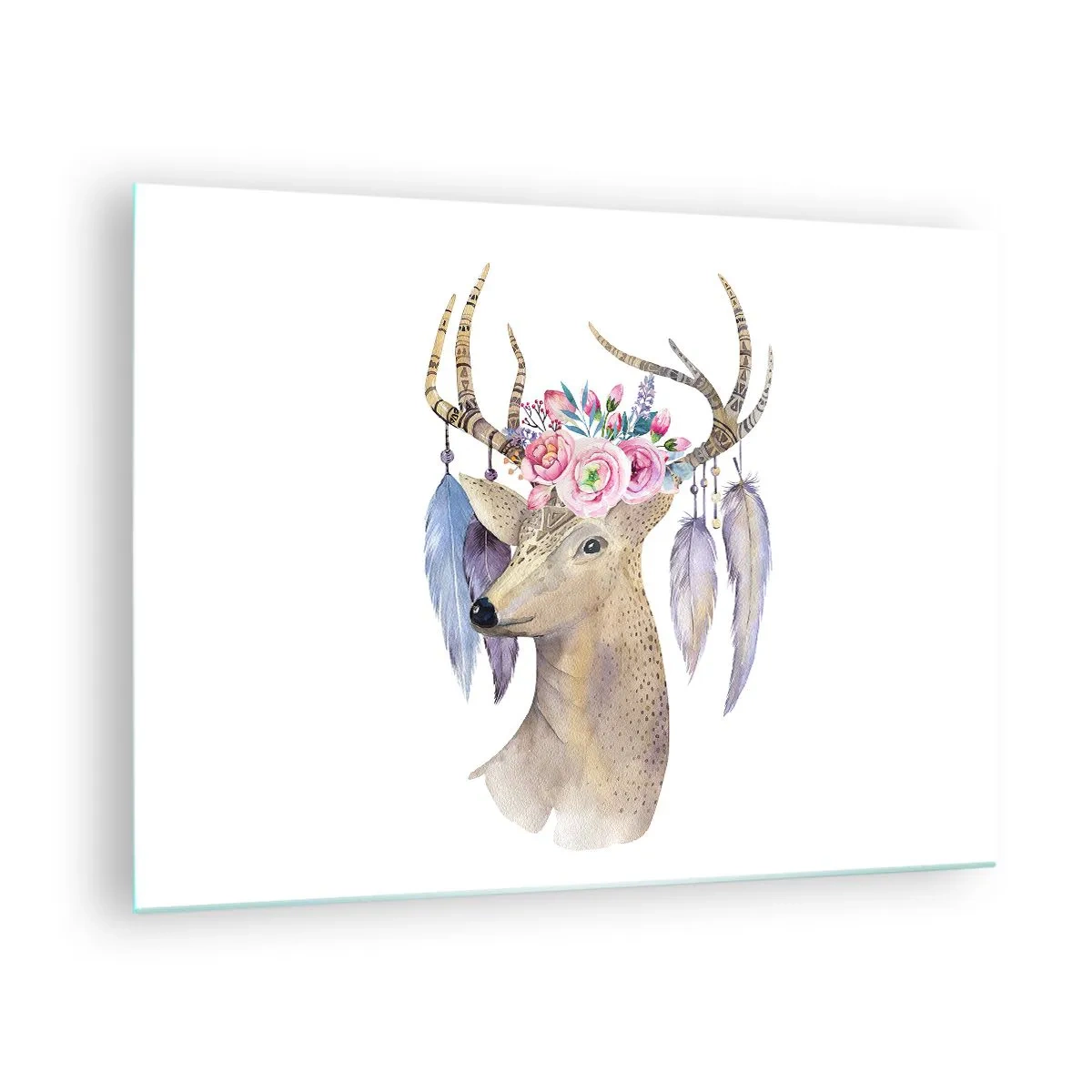 Cuadro sobre vidrio - Impresiones sobre Vidrio - Ciervo con corona de flores y plumas. - 70x50cm - Guía del alma - gentil, inocente - Decoración de pared moderna para salón y dormitorio ARTTOR