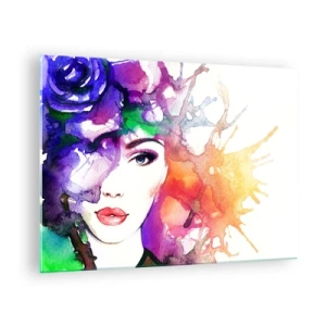 Cuadro sobre vidrio - Impresiones sobre Vidrio - Una mujer con un fondo borroso y colorido en estilo acuarela. - 70x50cm - Con la cabeza en las nubes - Decoración de pared moderna para salón y dormitorio ARTTOR