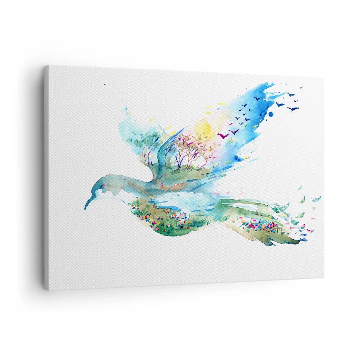 Cuadro sobre lienzo - Impresión de Imagen - Composición en acuarela de un pájaro con elementos de la naturaleza. - 70x50cm - En las alas de la naturaleza - Decoración de pared moderna para salón y dormitorio ARTTOR