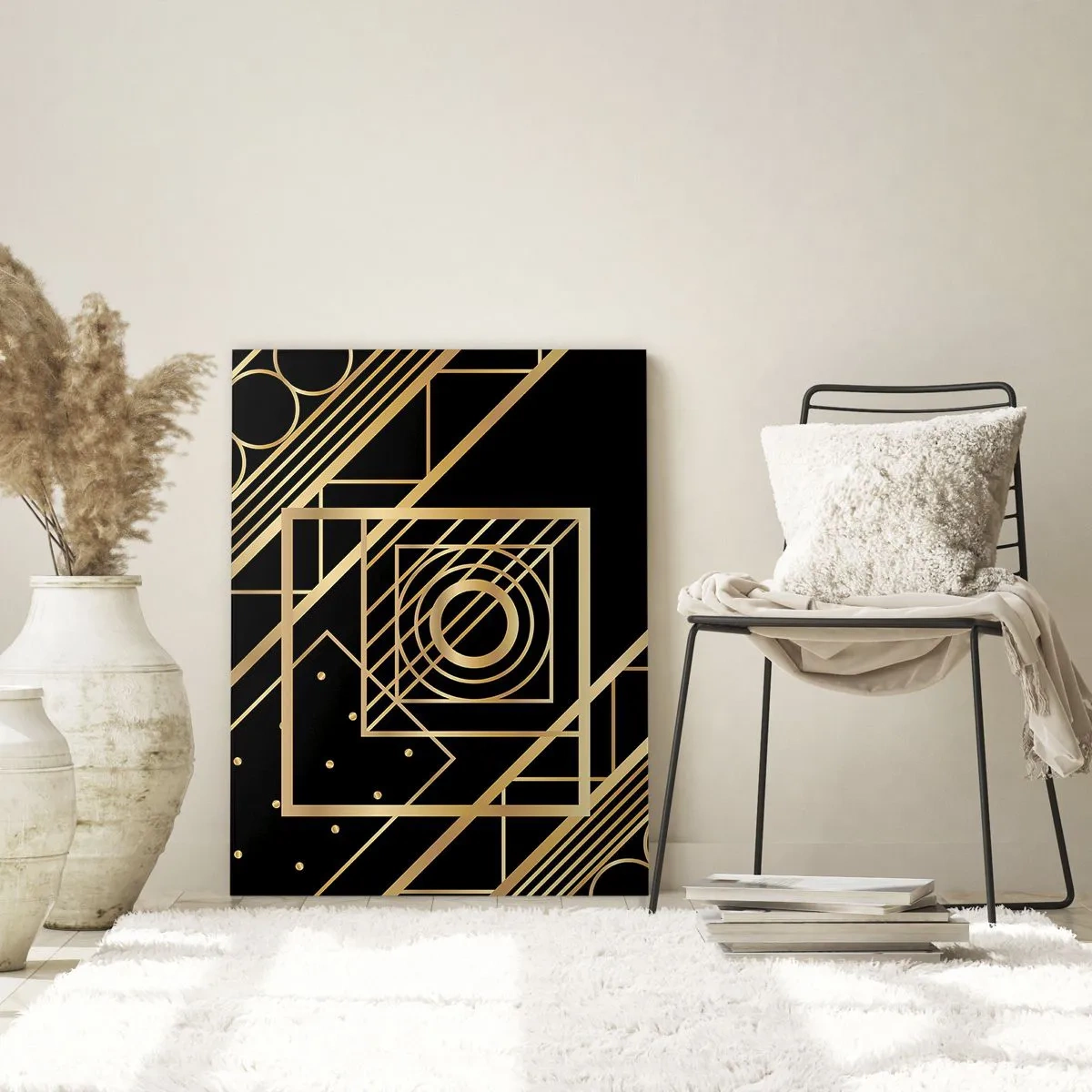 Cuadro sobre vidrio - Impresiones sobre Vidrio - Patrones geométricos dorados sobre un fondo negro - 50x70cm - Geometría dorada - Decoración de pared moderna para salón y dormitorio ARTTOR