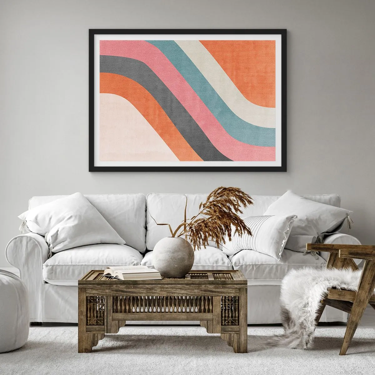 Póster en marco negro - Rayas retro coloridas - 70x50cm - Composición diagonal - movimiento - Decoración de pared moderna para salón y dormitorio ARTTOR