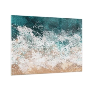 Cuadro sobre vidrio - Impresiones sobre Vidrio - Ola marina abstracta en tonos turquesa, blanco y beige arena. - 70x50cm - Historias del mar - Decoración de pared moderna para salón y dormitorio ARTTOR