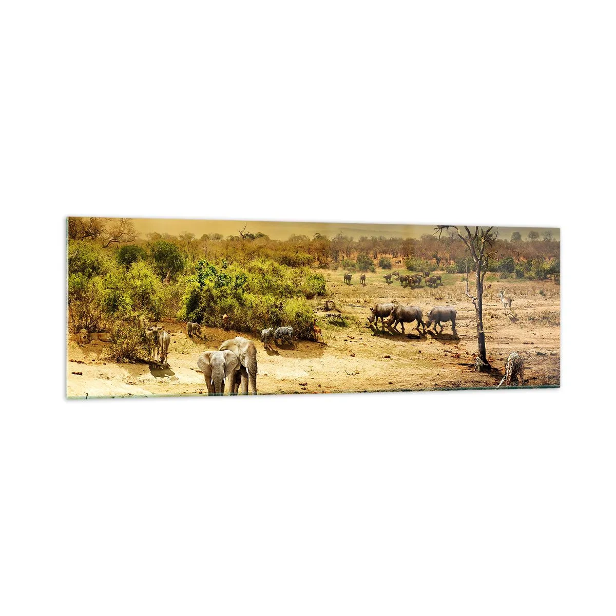 Cuadro sobre vidrio - Impresiones sobre Vidrio - Elefantes y animales salvajes en un abrevadero al atardecer - 160x50cm - Y del Edén fluyó un río... - Decoración de pared moderna para salón y dormitorio ARTTOR