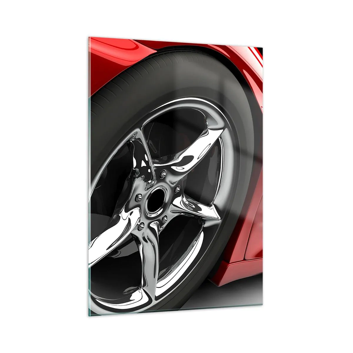 Cuadro sobre vidrio - Impresiones sobre Vidrio - Detalle de un coche deportivo rojo con llanta cromada. - 50x70cm - Creado para la velocidad - Decoración de pared moderna para salón y dormitorio ARTTOR