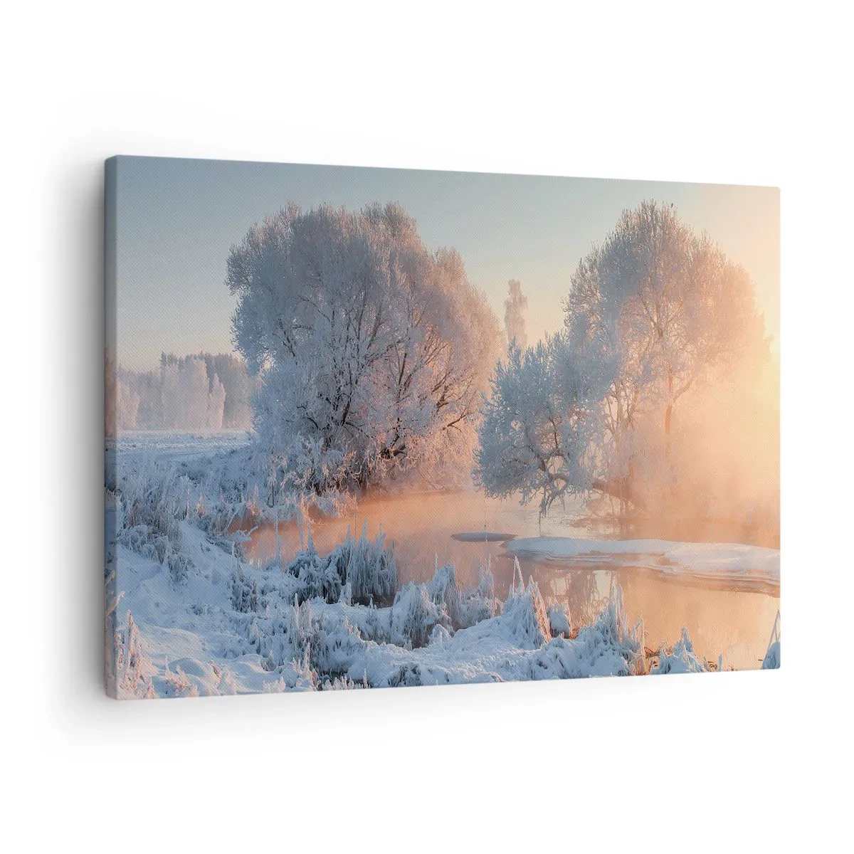 Cuadro sobre lienzo - Impresión de Imagen - Paisaje invernal con árboles cubiertos de nieve y una puesta de sol. - 70x50cm - Brillo cristalino - Decoración de pared moderna para salón y dormitorio ARTTOR