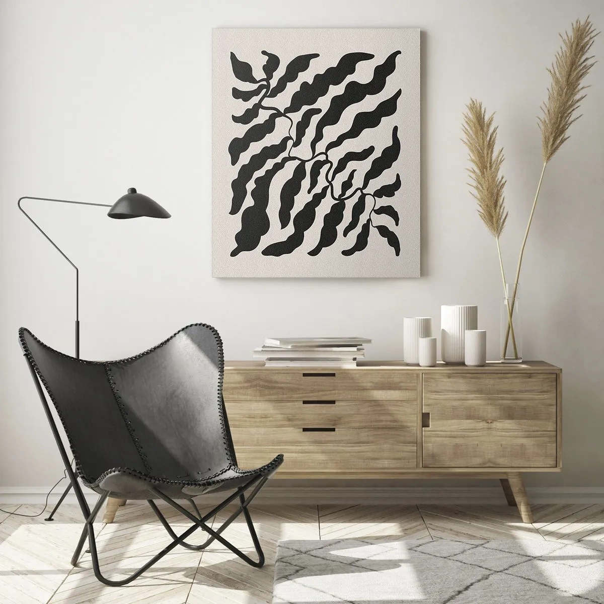 Cuadro sobre vidrio - Impresiones sobre Vidrio - Ramitas con hojas en negro sobre un fondo claro - 70x100cm - La naturaleza de un cuadrado - Decoración de pared moderna para salón y dormitorio ARTTOR