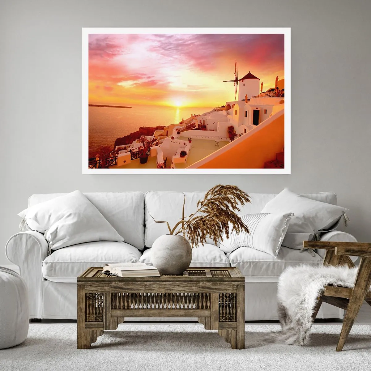 Póster - Santorini al atardecer con un molino de viento - 100x70cm - Blanco y dorado - Decoración de pared moderna para salón y dormitorio ARTTOR