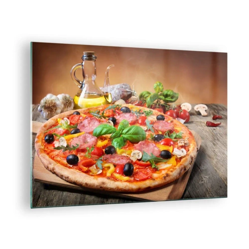 Cuadro sobre vidrio - Impresiones sobre Vidrio - Pizza con ingredientes sobre una mesa de madera con aceite de oliva y especias. - 70x50cm - Con un verdadero sabor italiano - Decoración de pared moderna para salón y dormitorio ARTTOR
