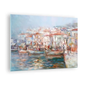 Cuadro sobre vidrio - Impresiones sobre Vidrio - Un puerto pintoresco con barcos en colores pastel. - 70x50cm - Vacaciones en colores pastel - Decoración de pared moderna para salón y dormitorio ARTTOR