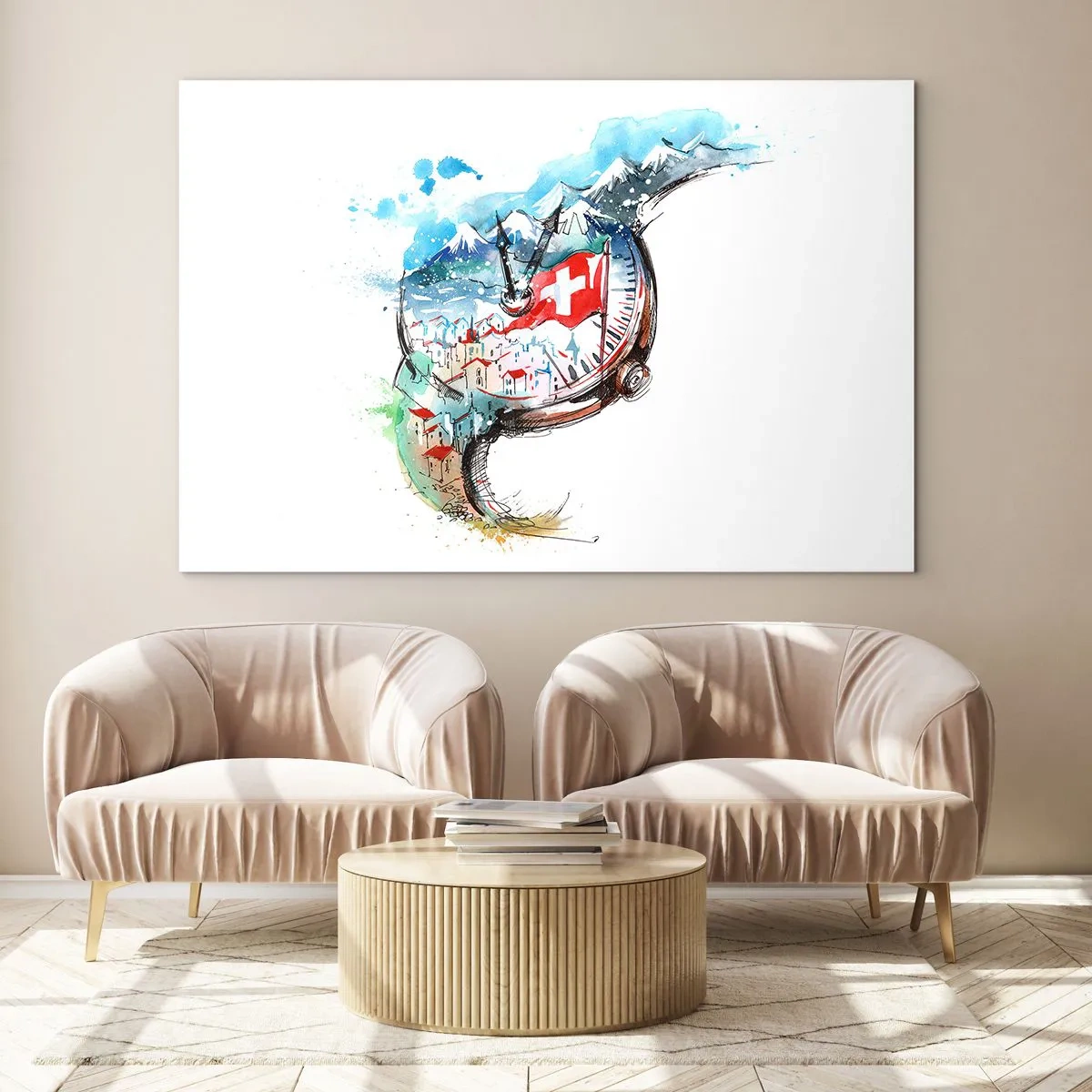 Cuadro sobre vidrio - Impresiones sobre Vidrio - Pintura de acuarela de un paisaje suizo con una bandera y un reloj. - 70x50cm - El espíritu de Suiza - Decoración de pared moderna para salón y dormitorio ARTTOR