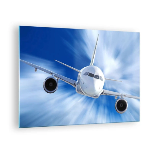 Cuadro sobre vidrio - Impresiones sobre Vidrio - Un avión de pasajeros contra un cielo azul dinámico. - 70x50cm - Más rápido que el viento en el cielo - Decoración de pared moderna para salón y dormitorio ARTTOR
