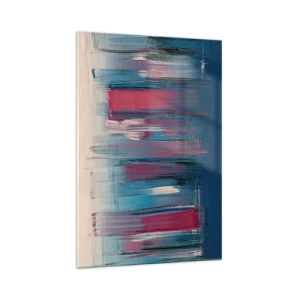 Cuadro sobre vidrio - Impresiones sobre Vidrio - Formas verticales abstractas en tonos azules y rojos. - 70x100cm - Composición vertical en azul y rojo - Decoración de pared moderna para salón y dormitorio ARTTOR
