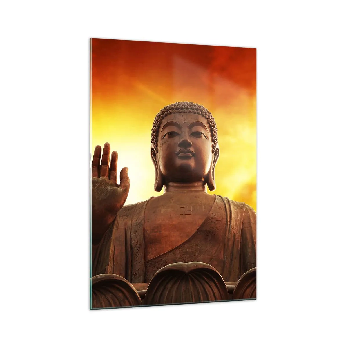 Cuadro sobre vidrio - Impresiones sobre Vidrio - Una estatua de Buda contra un cielo dorado al atardecer. - 70x100cm - La calma del mundo - Decoración de pared moderna para salón y dormitorio ARTTOR