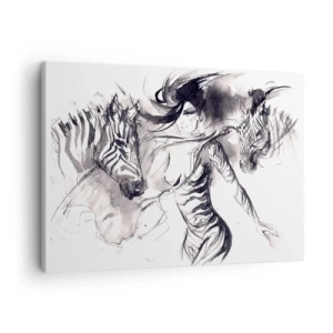 Cuadro sobre lienzo - Impresión de Imagen - Una mujer en una danza dinámica con cebras en una estética en blanco y negro. - 70x50cm - Bailando con las cebras - Decoración de pared moderna para salón y dormitorio ARTTOR