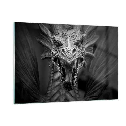 Cuadro sobre vidrio - Impresiones sobre Vidrio - Retrato detallado de un dragón en blanco y negro. - 120x80cm - Dragón de cuento de hadas en gris - Decoración de pared moderna para salón y dormitorio ARTTOR