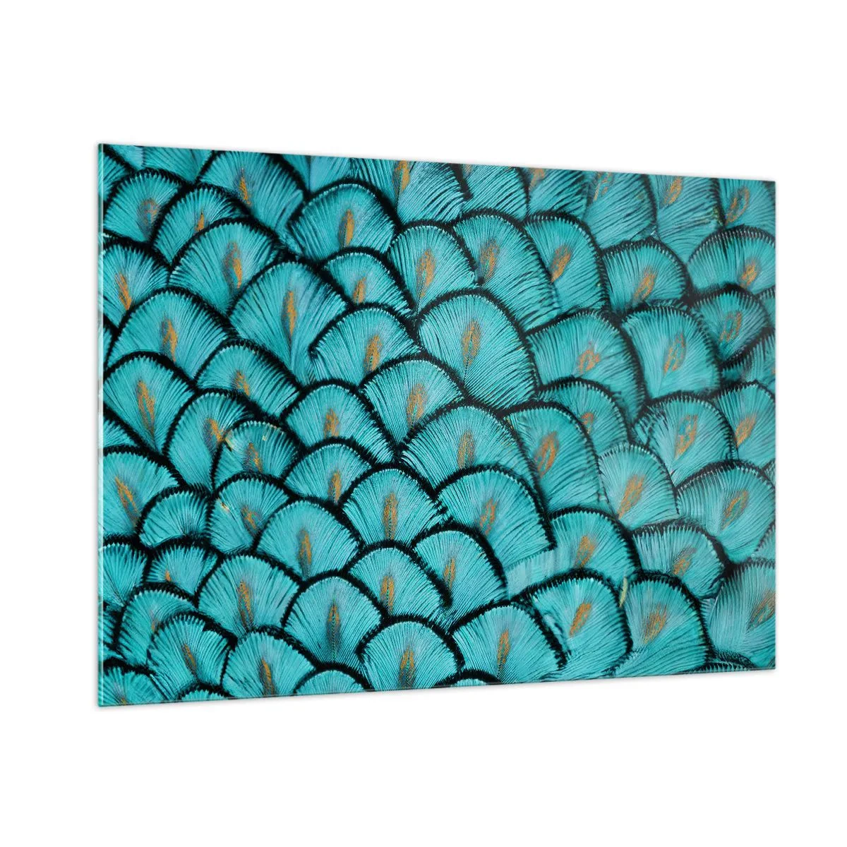 Cuadro sobre vidrio - Impresiones sobre Vidrio - Un primer plano de plumas de pavo real turquesa que forman un patrón decorativo. - 100x70cm - La gran gala de las plumas - Decoración de pared moderna para salón y dormitorio ARTTOR